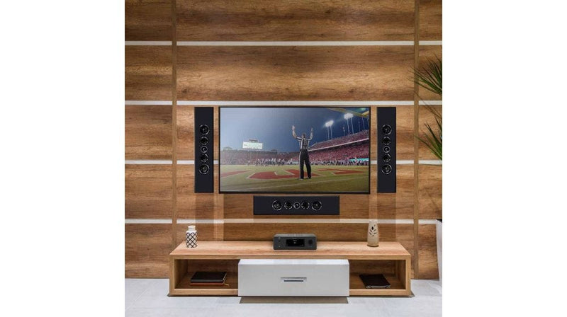 PSB Black PWM2 left, right, centre speakers around a TV