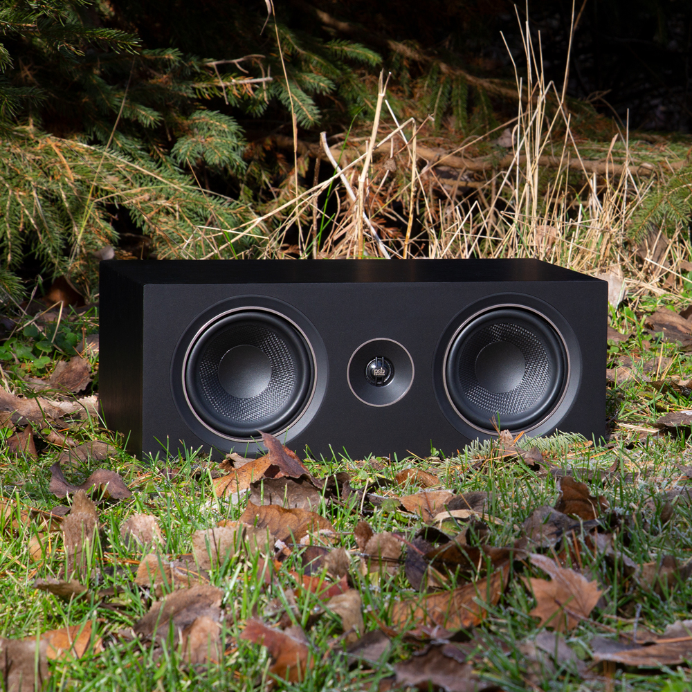 An Alpha C10 center channel speaker outdoors on the grass