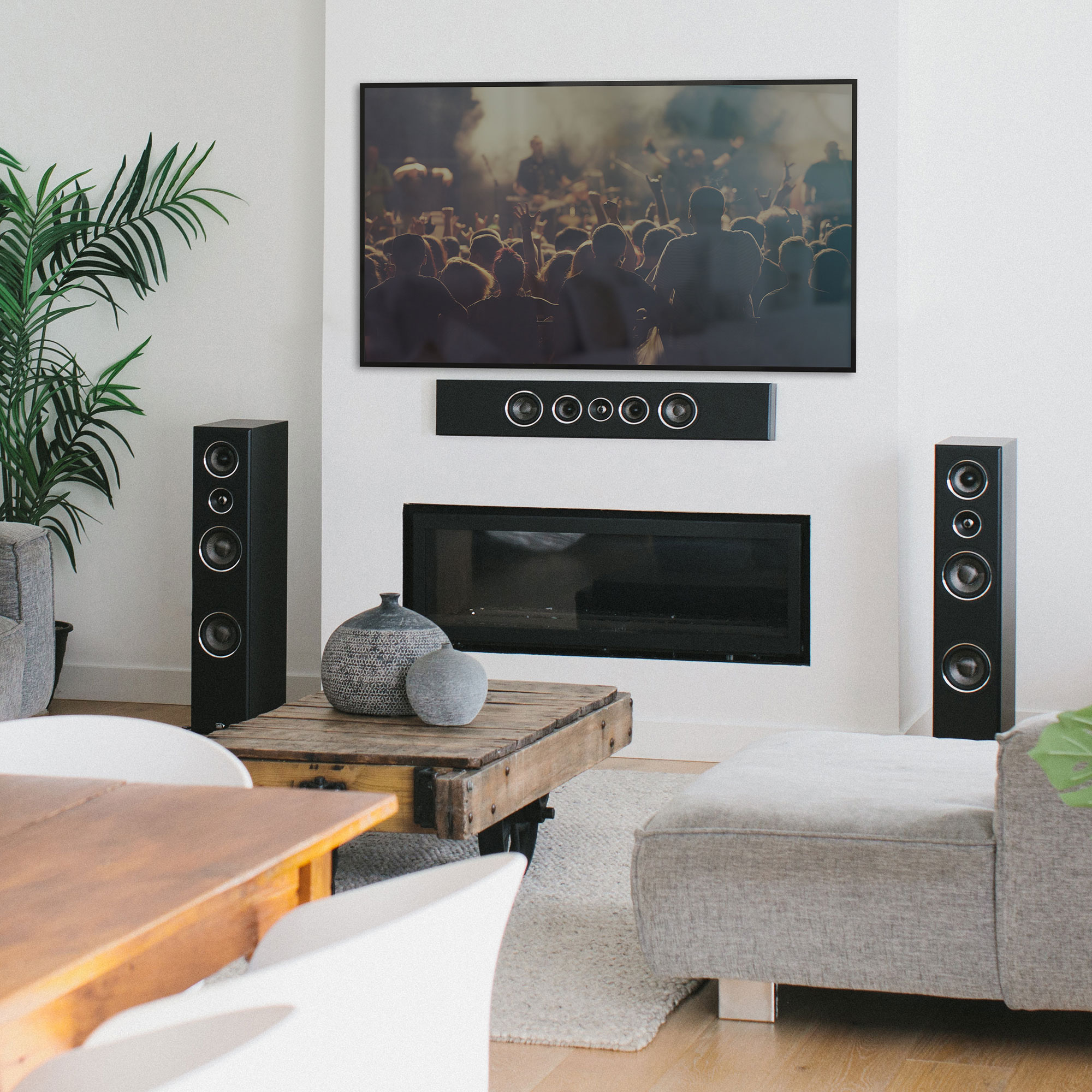 home theatre with on wall centre channel