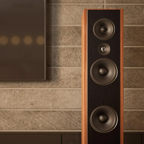 Front view of a PSB Synchrony T600 tower speaker in satin walnut finish, beside a TV