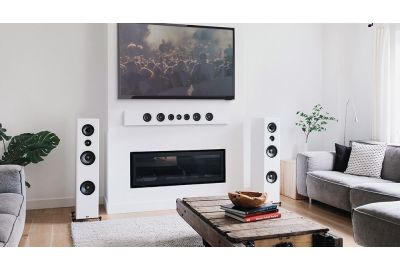 Home theatre with white tower speakers and PWM3 centre channel 